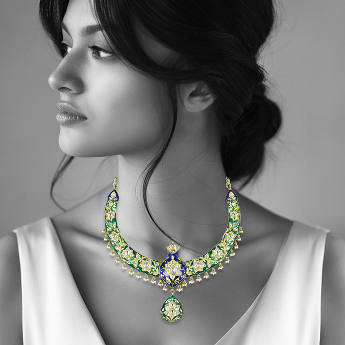 Peacock Motif Hasli Necklace with Polki and Enamel Detailing